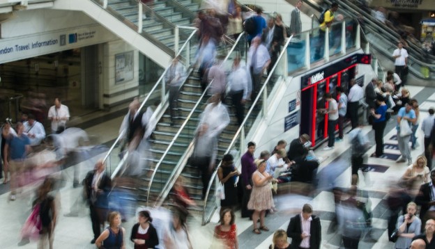 A busy Liverpool Street Station in London at rush hour