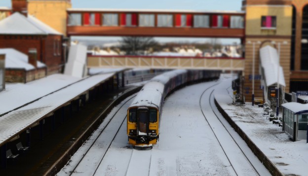 A train in the snow at Harrogate train station, near York