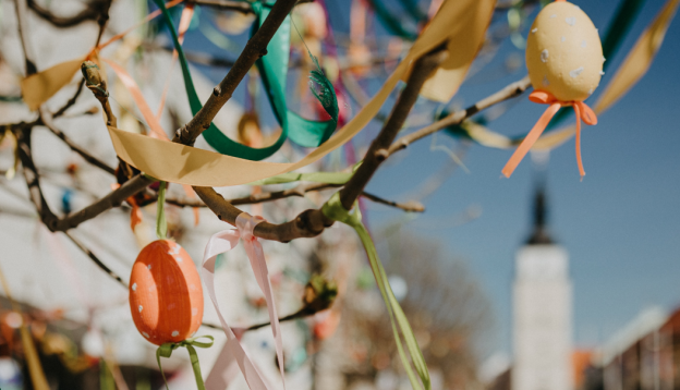 Easter eggs hanging from a tree